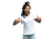 © opolja - Smiling African American woman wearing white t-shirt pointing finger at her t-shirt, satisfied young female client customer showing great shopping offer, sale, isolated on transparent background