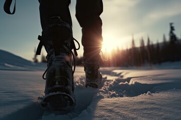 Poster - backpack in snowshoes climbs a snowy mountain, winter trekking, hiking equipment. Generative Ai.