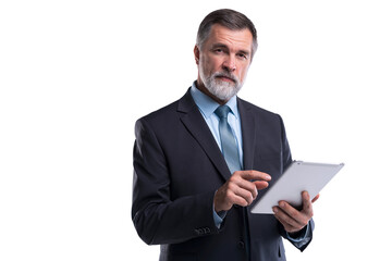 Portrait of aged businessman wearing suit and tie. Businessman in years standing on transparent background. Boss using tablet computer