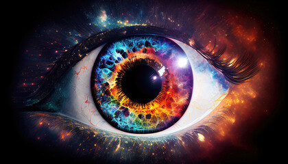 Wall Mural - close-up of human eye with colorful galaxy texture (generative ai)