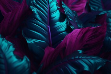 Wall Mural - palm tropical purple night background exotic leaf plant neon jungle art. Generative AI.