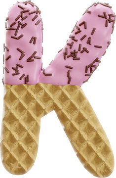 3D Render Realistic Letter K Alphabet Waffle With Chocolate Sprinkles