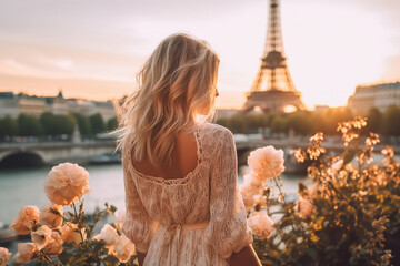 once in paris. back beautiful slim chic girl with long blond hair against eiffel tower. generative a