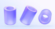 Purple hollow cylinder with gradient texture in different angle view, icons set 3d render. Geometric figures empty inside, tubes with circles or rings, isolated graphic elements. 3D illustration