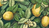 Fototapeta Uliczki - Branches with yellow lemons and green leaves illustration. Botanical painting. Generative AI