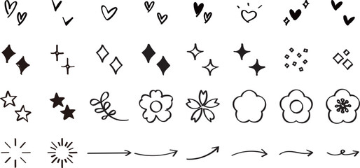 Wall Mural - イラスト素材：かわいい手書きのあしらいセット（キラキラ・ハート・花・矢印・太陽）