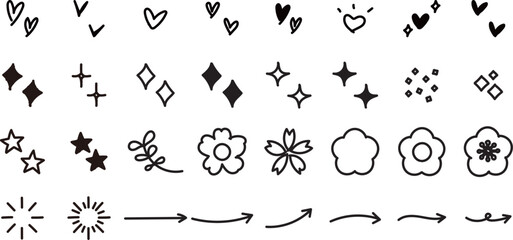 Wall Mural - イラスト素材：かわいい手書きのあしらいセット（キラキラ・ハート・花・矢印・太陽）