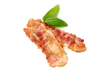 Wall Mural - Cooked bacon rashers, close-up, isolated on white background.