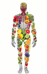 Wall Mural - structure of human body of vegetarian from fruits and vegetables. Concept of healthy eating and vegetarianism on white background. Generative AI illustration