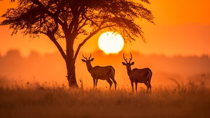  two deer standing next to each other in a field