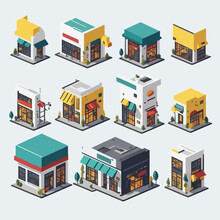 Set Of Colorful Shop Buildings Isometric