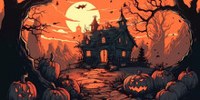 Haunted House With Gnarly Trees And Many Jack-o'-lanterns