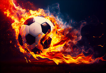 Poster - Soccer ball is in the middle of fire filled field with black background. Generative AI.