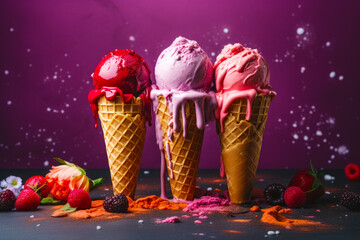 Poster - Three ice cream cones with raspberries, raspberries, and chocolate. Generative AI.