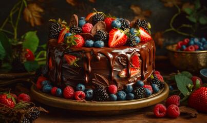 Wall Mural - Chocolate cake topped with berries and chocolate frosting on wooden table. Generative AI.