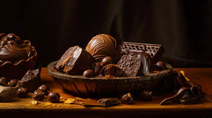 Poster - Bowl full of chocolates and nuts on wooden table with black background. Generative AI.