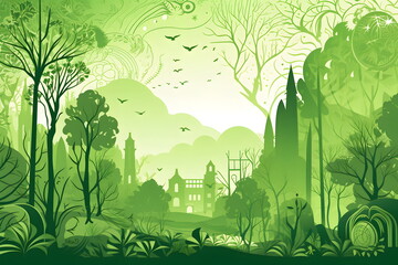 Wall Mural - Image of green forest with castle in the distance and birds flying overhead. Generative AI