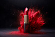 Red lipstick with splash of red powder on the top of it. Generative AI.