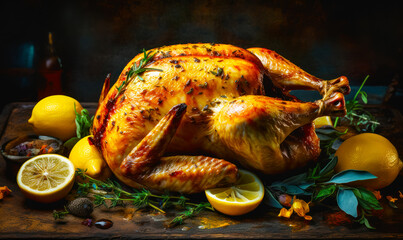 Sticker - Roasted turkey with lemons and herbs on wooden table with dark background. Generative AI.