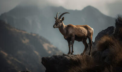 photo of ibex, majestically standing atop a rocky outcrop overlooking the steep mountain valley belo