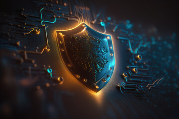 Cyber security digital shield for protecting data, abstract futuristic horizontal background. AI generative image.