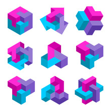 Colorful Geometric Cube Elements. Group Of 3D Graphic Shapes. Isometric Logo Design Template. Blue, Pink And Violet Color Objects. Modern Abstract Graphics. Brand Identity Idea. Vector Illustration. 