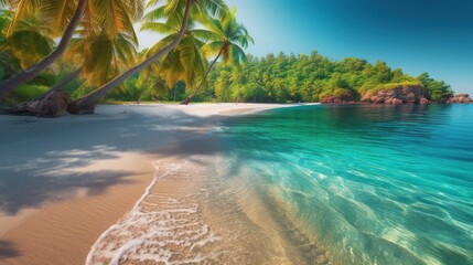 Beautiful and peaceful sea sandy coast, sunny summer beach panoramic scene with palm trees, outdoor background. Vacation time. Horizontal pc splash screen. AI generative image.