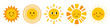Vector cute smiling suns with face. Funny childish suns in flat design. Childish sunshine emoji. Baby suns with sunbeams.