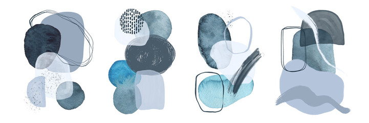 Collection abstract contemporary watercolor blue navy art. A group of spots, smooth shapes, lines, strokes and splashes of paint. Hand drawn. Modern design.