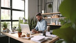 © GustavsMD - Focused mid adult businessman working at desk in office. Generative AI.