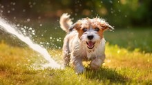 Summer Fun: Happy Pet Puppy Playing With Water And Drinking From Sprinkler. Generative AI.
