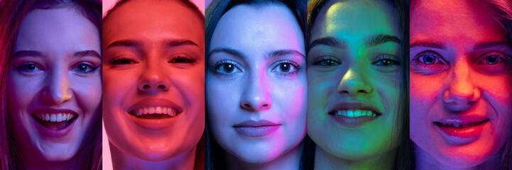 Collage. Close-up portrait of young people, men and women cheerfully smiling, laughing with multicolored neon lights. Positive mood. Concept of human emotions, youth, lifestyle, facial expression. Ad