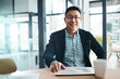 © Grady Reese/peopleimages.com - Portrait, tablet and data with a business man in the office, sitting at a desk for planning or research. Happy, mindset and professional with a mature asian male manager working on his company vision