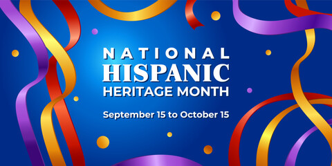 Poster - Hispanic heritage month. Vector web banner, poster, card for social media, networks. Greeting with national Hispanic heritage month text, ribbons pattern on blue background with bright color.