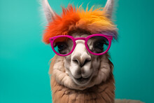 Funny Alpaca Wearing Sunglasses In Studio With A Colorful And Bright Background. Generative AI