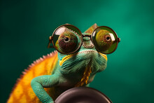 Funny Chameleon Wearing Sunglasses In Studio With A Colorful And Bright Background. Generative AI