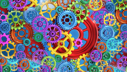 Multi colored gears in motion inside lightbulb. 3D illustration