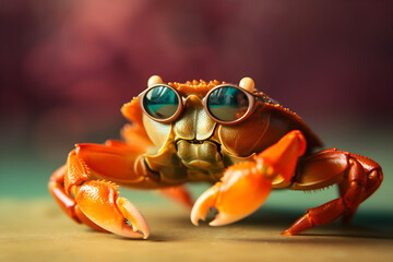 Funny crab wearing sunglasses in studio with a colorful and bright background. Generative AI