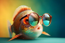 Funny Fish Wearing Sunglasses In Studio With A Colorful And Bright Background. Generative AI