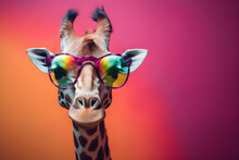 Funny Giraffe Wearing Sunglasses In Studio With A Colorful And Bright Background. Generative AI
