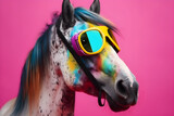 Fototapeta Zwierzęta - Funny horse wearing sunglasses in studio with a colorful and bright background. Generative AI