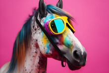 Funny Horse Wearing Sunglasses In Studio With A Colorful And Bright Background. Generative AI