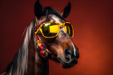 Funny horse wearing sunglasses in studio with a colorful and bright background. Generative AI