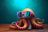 Fototapeta Zwierzęta - Funny octopus wearing sunglasses in studio with a colorful and bright background. Generative AI