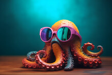 Funny Octopus Wearing Sunglasses In Studio With A Colorful And Bright Background. Generative AI