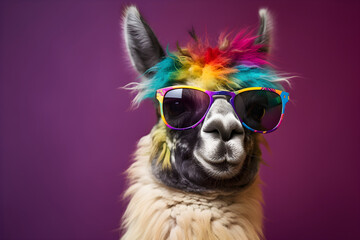 Wall Mural - Funny llama wearing sunglasses in studio with a colorful and bright background. Generative AI