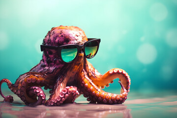 Wall Mural - Funny octopus wearing sunglasses in studio with a colorful and bright background. Generative AI