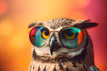 Funny Owl Wearing Sunglasses In Studio With A Colorful And Bright Background. Generative AI