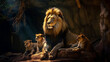 A scenic photography of a lion in a den with other lions in the surrounding of him in a cave. Generative AI