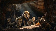 A Scenic Photography Of A Lion In A Den With Other Lions In The Surrounding Of Him. Generative AI